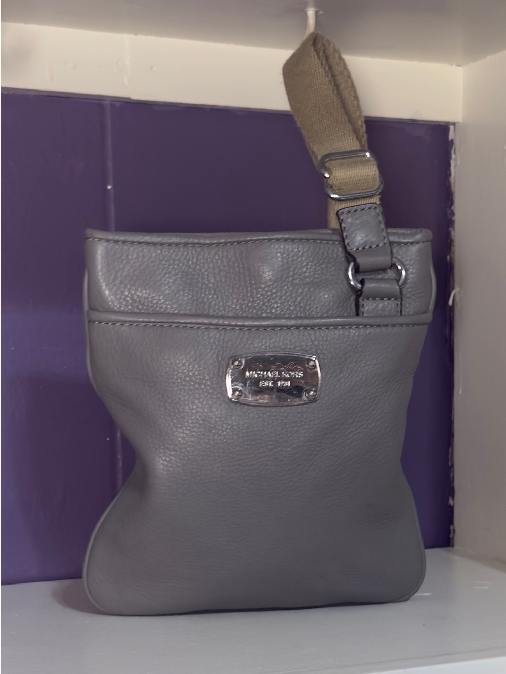 Michael Kors gray pebbled leather crossbody with canvas strap Women’s purses